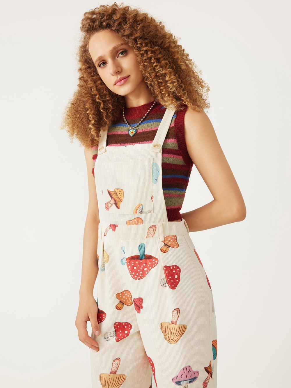 Cider Cream Mushroom Print Wide-Leg Overalls Jumpsuit - Picture 3 of 5